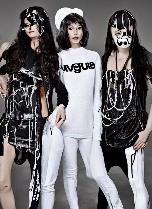 Image similar to full body vogue fashion photo portrait of people wearing white rave kitch clothes