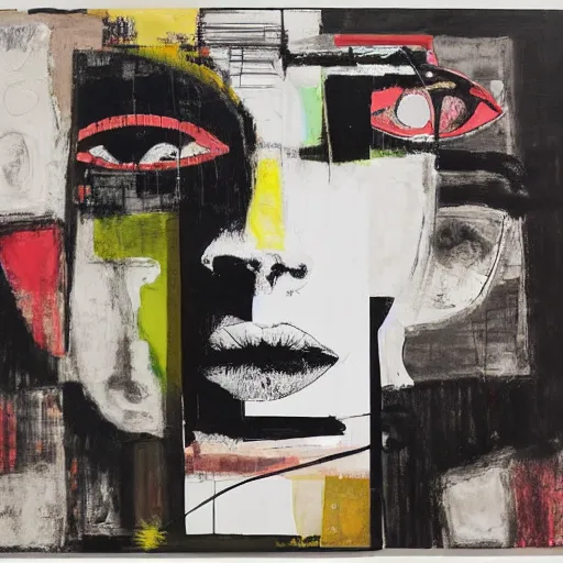 Image similar to The performance art is an abstract portrait of a woman. The woman's face is divided into two halves, one half is black and the other is white. The woman's eyes are large and staring. The performance art is full of energy and movement. electric, Still Life by Robert Rauschenberg mild