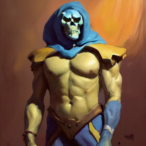 Image similar to greg manchess portrait painting of powerful skeletor the master of the universe as overwatch character, medium shot, asymmetrical, profile picture, organic painting, sunny day, matte painting, bold shapes, hard edges, street art, trending on artstation, by huang guangjian, gil elvgren, ruan jia, greg rutkowski, gaston bussiere