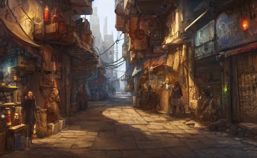 Image similar to cyberpunk medieval middle east alleyway, arabic, persian, dawn, market, little spice shops, technology, bazaar, steam punk, unreal engine 5, trending on art station, in the style of Pixar