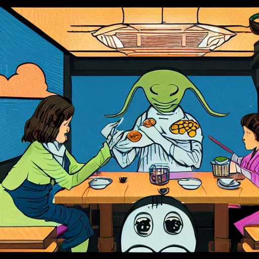 Image similar to extraterrestrial eating dumplings at fancy Japanese restaurant, Jim Henson creature shop, science fiction, highly detailed, illustration