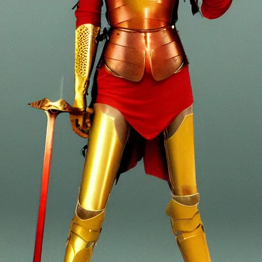 Image similar to a tall, red - haired female knight wearing golden armor and left arm golden prothesis, longer than her right arm. she wields a long golden blade