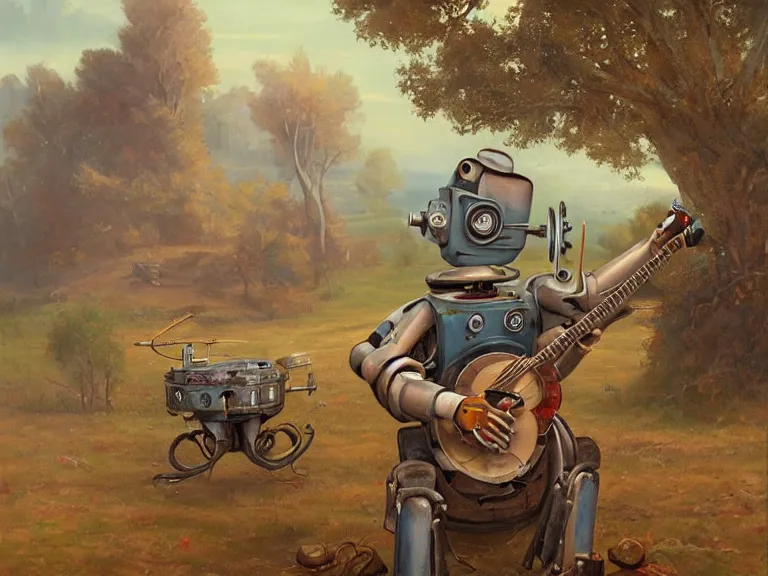 Image similar to painting of a country bumpkin robot playing a banjo, straw in his mouth, style of peter mohrbacher, high detail, hyper realistic, 8 k