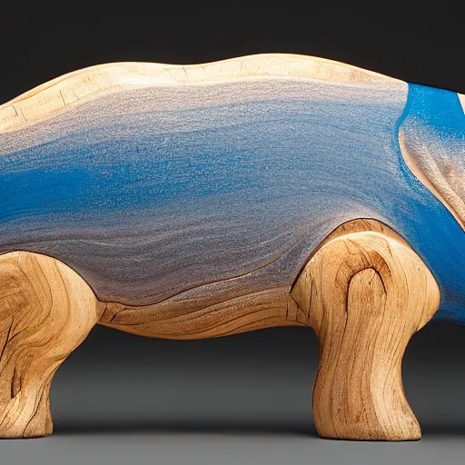 Prompt: epoxy resin, full subject shown in photo, a photo of a model hippo made of repurposed elm wood composite mixed with straight lines blue epoxy resin, wood, award - winning photo, dramatic lighting, studio zeiss 1 5 0 mm f 2. 8 hasselblad