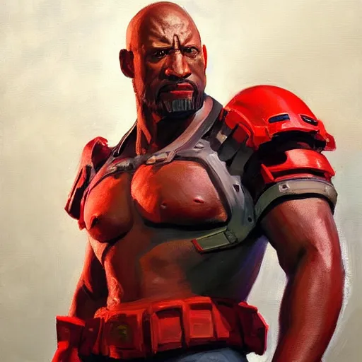 Prompt: greg manchess portrait painting of fully armored red lights the foundation aka dwayne the rock as overwatch character, medium shot, asymmetrical, profile picture, organic painting, sunny day, matte painting, bold shapes, hard edges, street art, trending on artstation, by huang guangjian, gil elvgren, ruan jia, greg rutkowski, gaston bussiere