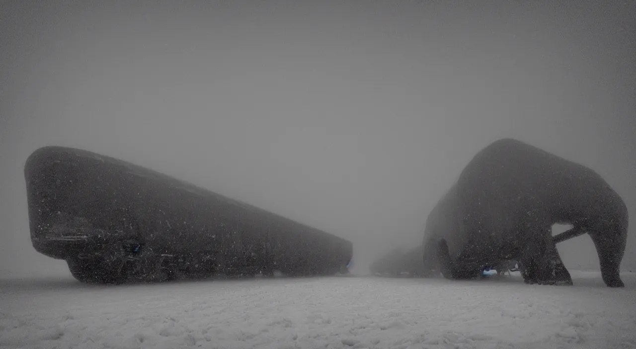 Image similar to “photo of one biomechanical mammoth in an arctic storm with fog and blizzard, the mammoth drags old gigantic coal wagons with snow, it's a sunset photo with cold tones, some people around ”