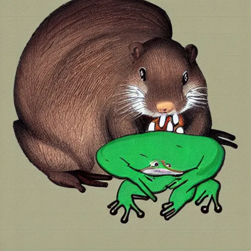 Image similar to “ a beaver eating a frog, animated ”