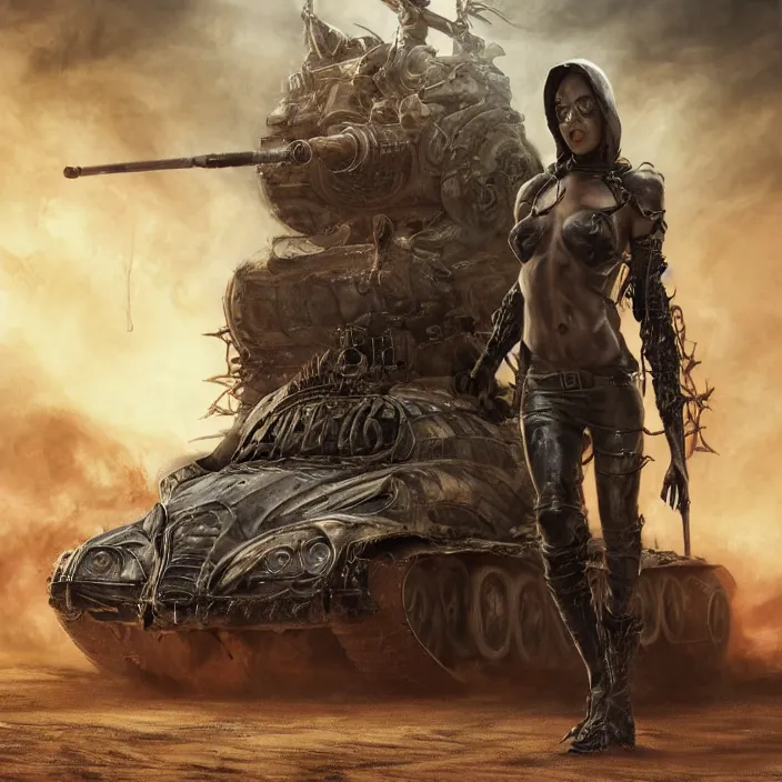 Image similar to beautiful apocalyptic woman in hooded cloak, standing on mad max panzer tank, hyper-detailed, smooth, sharp focus, 4k ultra hd, fantasy dark art, tank girl, artgerm, artstation, octane render, elegant, detailed digital painting, apocalyptic art, Francis bacon