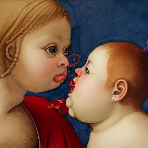 Image similar to a very funny stylize oil painting in renaissance style of a sweet little fat girl kissing a huge colorful cute fish. red mouth, blue eyes. flowery dress. hyper realistic scene. 3 d, octane render, deep focus, white scene. very funny and sweet image. unreal engine. watercolor. fellini style. poster quality. da vinci painting style. pencil illustration.