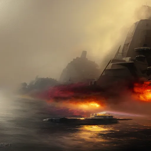 Image similar to science - fiction battleship in combat, in planet atmosphere and dense fog, explosions, highly detailed, trending on artstation, mate painting