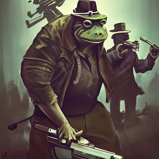 Prompt: badass gangsta frog. a frog mafia boss holding gun. nuri iyem, james gurney, james jean, greg rutkowski, anato finnstark. instagram photo shoot