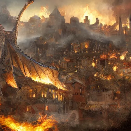 Image similar to medieval town destroyed by a dragon, artwork, smoke, fire, digital art