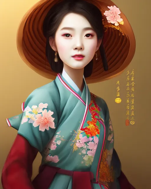 Prompt: A beautiful, young, elegant girl in Chinese hanbok, gorgeous atmosphere, full of details, matte painting, concept art, smooth, by Ina Wong and wlop ，trending on cgsociety and artstation，8kHDR，light effect，