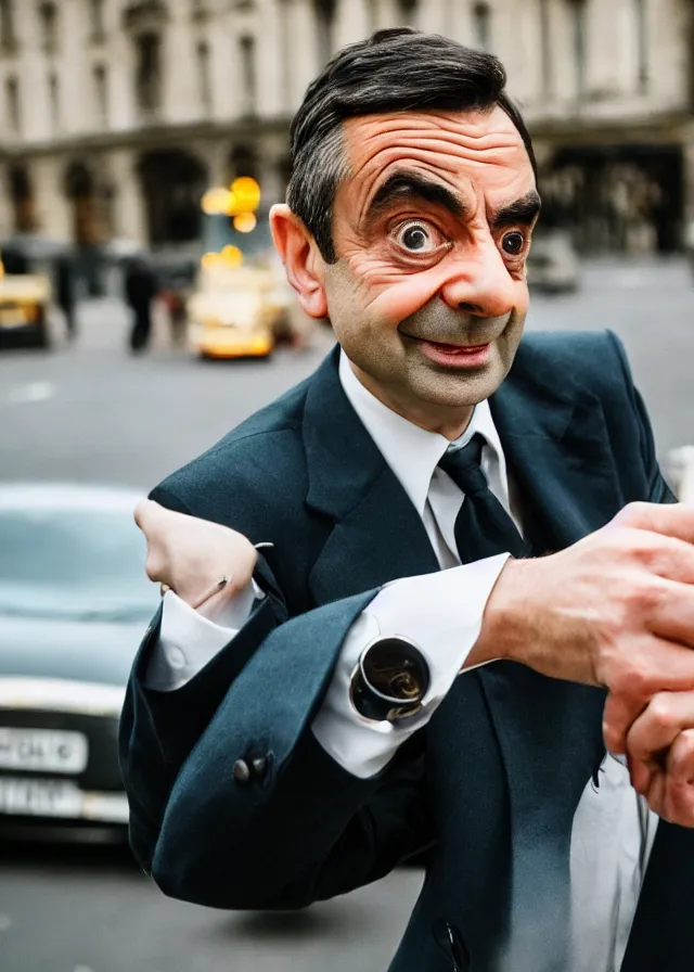 Image similar to close up photo of mr bean as james bond in london, 4 0 mm f / 2. 8, cinematic, cool, anamorphic, dramatic