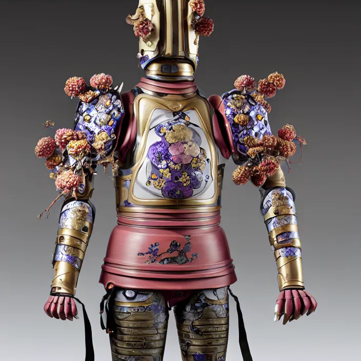 Image similar to ceramic cyborg, armor with Kakiemon design with plums and stylized flowers in glaze and gilding Edo period 1670–1690, diffuse lighting, fantasy, intricate, elegant, highly detailed, lifelike, photorealistic, digital painting, artstation, illustration, concept art, smooth, sharp focus, art by John Collier and Albert Aublet and Krenz Cushart and Artem Demura and Alphonse Mucha