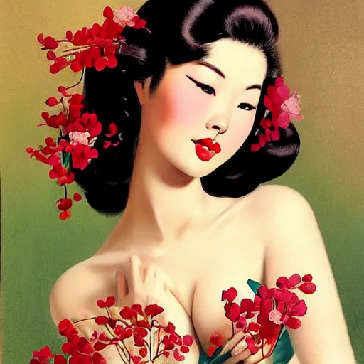 Image similar to pin - up portrait of a beautiful young asian woman, pretty long hair, intense flirting, showing curves, symmetrical face, digital art, smooth, extremely detailed, model pose, intense look, dream, cherry blossoms, gorgeous young model, traditional beauty, perfect proportions, pretty, by wu bayard, by gil elvgren, by ralph horsley,