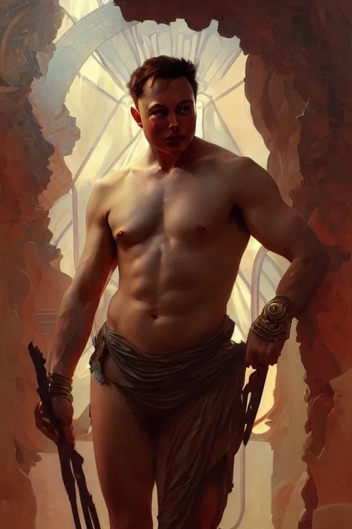 Image similar to Elon Musk as a Greek god, gorgeous, amazing, muscular, fit, intricate, highly detailed, digital painting, artstation, concept art, sharp focus, illustration, art by greg rutkowski and alphonse mucha