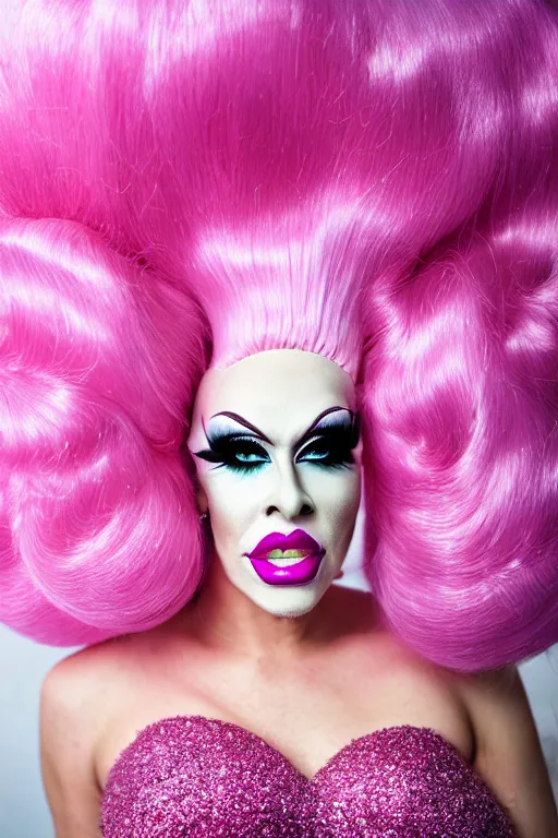 Image similar to 4k detailed portrait of a drag queen (man in drag) wearing: heavy drag makeup, pink glitter mermaid gown, white satin gloves, huge pink wig with bouffant hairdo and decorated with a hairbow, pink 7 inch high heels