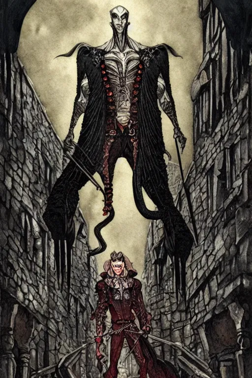 Image similar to portrait of a muscular strahd the vampire in a dark alleyway, fantasy, intricate, elegant, highly detailed, digital painting, artstation, concept art, matte, sharp focus, illustration, art by kay nielsen and walter crane, illustration style, watercolor