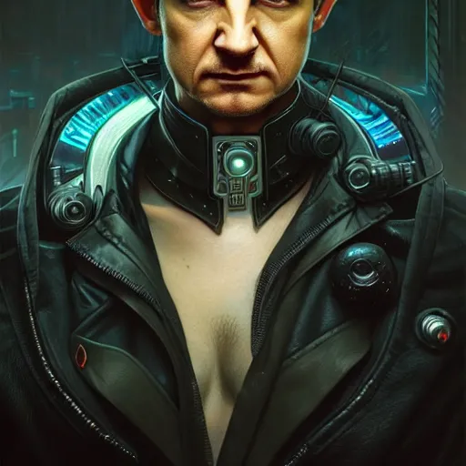 Image similar to portrait painting of a cyberpunk elven cop who looks like jeremy renner, ultra realistic, concept art, intricate details, eerie, highly detailed, photorealistic, octane render, 8 k, unreal engine. art by artgerm and greg rutkowski and charlie bowater and magali villeneuve and alphonse mucha