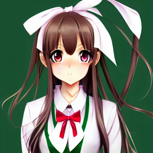 Image similar to beautiful anime high school girl, complete body view, brown hair, ponytail, white ribbon, green eyes, full perfect face, slightly smiling, detailed school background, drawn by Artgerm, Sasoura, Satchely, no distorsion