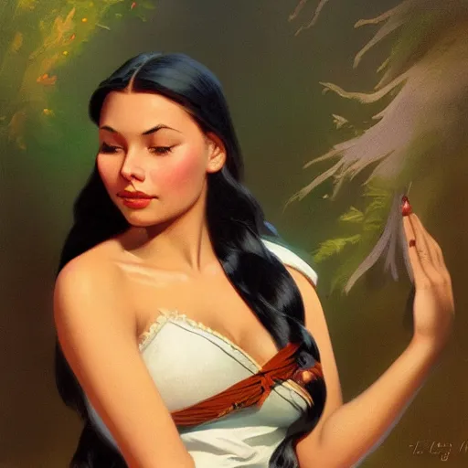 Prompt: portrait of a young pocahontas, idian dress, dreamy and ethereal, expressive pose, peaceful expression, elegant, highly detailed, digital painting, artstation, smooth, sharp focus, by gil elvgren