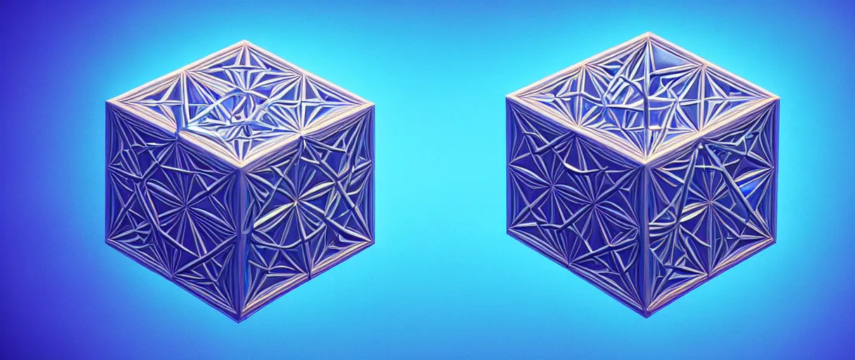 Image similar to hyperrealistic 3d render neo-surreal metatron's cube rotating iridescent escher dali octane moody blue lighting low angle hd 8k sharp shallow depth of field