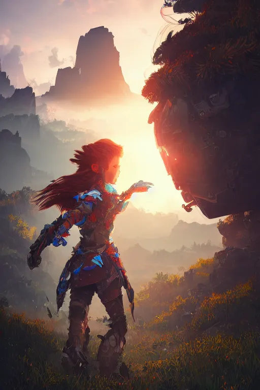 Image similar to combination suit armor aloy horizon forbidden west horizon zero dawn radiating a glowing aura global illumination ray tracing hdr fanart arstation by ian pesty and alena aenami artworks in 4 k tribal robot ninja mask helmet backpack