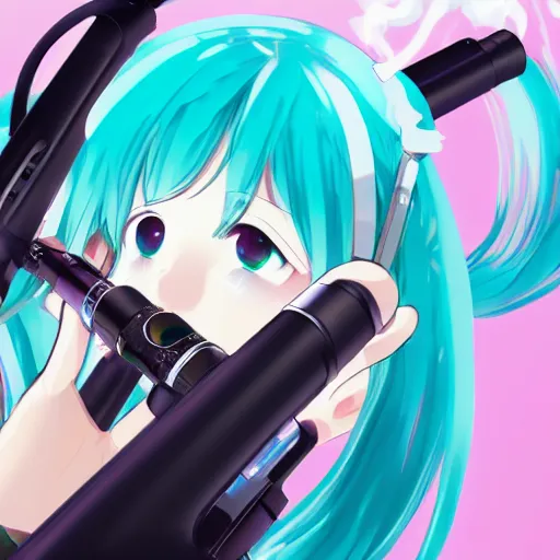 Image similar to hatsune miku smoking weed with a vape pen, smoke coming out of her mouth, bloodshot eyes, artstation, 4 k