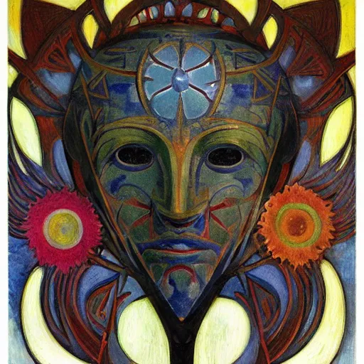 Image similar to masterpiece painting of a facemask made of stylized flowers, by annie swynnerton and jean delville and john watkiss and rufino tamayo and tino rodriguez, flower mask, art deco shaman, symbolist, dramatic lighting, god rays, elaborate geometric ornament, modern realism, clean crisp graphics, soft cool colors, smooth, sharp focus, extremely detailed