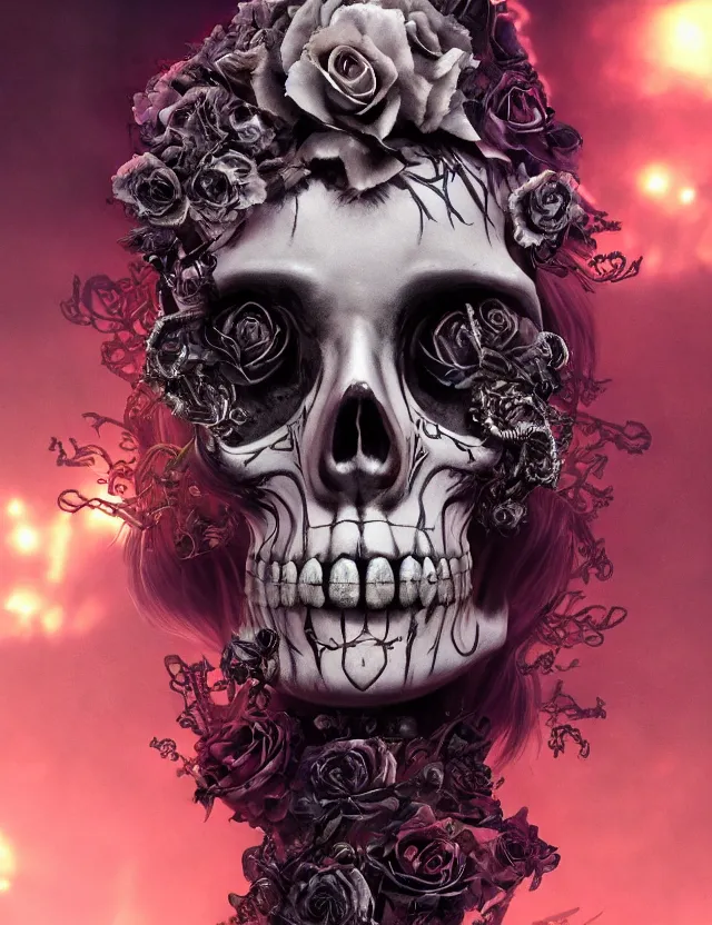 Image similar to a chaotic goddess of death skeleton as a heroine, intricate, elegant skull black rose s day of the dead atmospheric, dramatic, Trending on artstation. augmentations and cybernetic enhancements neon circuits, greg rutkowski , hyperrealist, cinema4D, 8k highly detailed