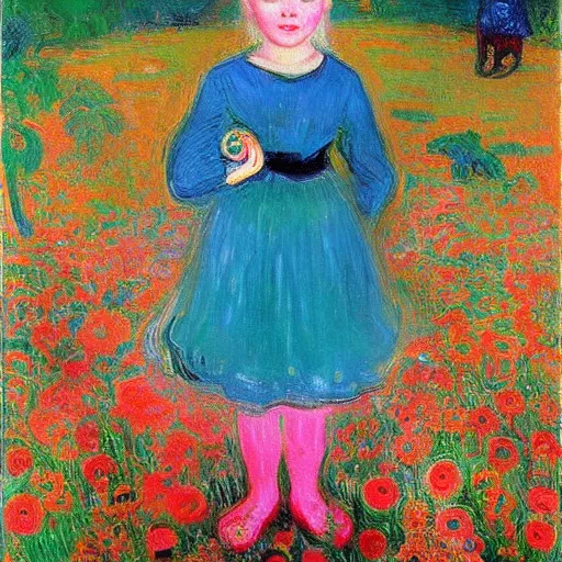 Image similar to by victor nizovtsev, by edvard munch ornamented. a computer art of a young girl with blonde hair, blue eyes, & a pink dress. she is standing in a meadow with flowers & trees.