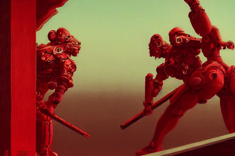 Image similar to only with red, a red cyborg samurai, tokio futuristic in background, some evil yokai fight, in the style of beksinski, parts by edward hopper, parts by rodcenko, parts by yue minjun, intricate and epic composition, red by caravaggio, insanely quality, highly detailed, masterpiece, red light, artstation, 4 k