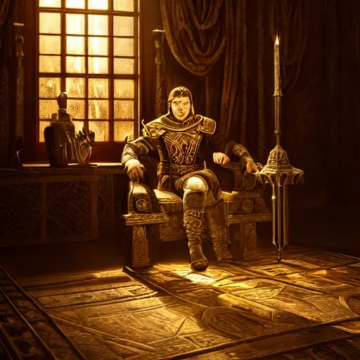 Image similar to the elder scrolls vi majestic gracious jarl portrait, stately throne room, painted, dark room, one point of light coming through the window, atmospheric lighting, painted, intricate, volumetric lighting, beautiful, golden hour, sharp focus, ultra detailed, by leesha hannigan, ross tran, thierry doizon, kai carpenter, ignacio fernandez rios