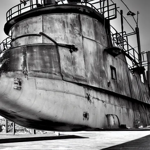 Image similar to Black and White photo of steampunk submarine at dry dock