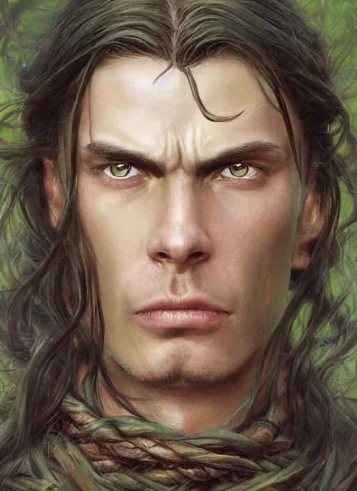 Image similar to a warrior in his twenties with long light brown hair tied back, light green eyes, a large forehead, a widows peak and a round face with high cheekbones and full lips as a realistic d & d fantasy character, portrait art by donato giancola and greg rutkowski, vintage retro, realistic face, digital art, trending on artstation