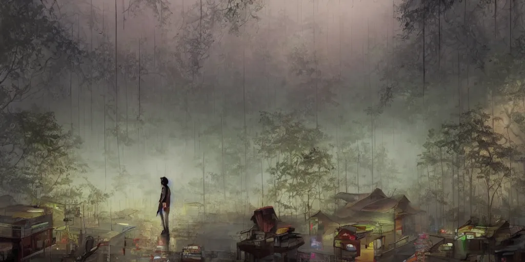 Prompt: a painting of a market in Japan, forest in the background, sea in the foreground, Painting by Walter Gilbert, painting by Marc simonetti, painting by Alex Grey, painting by Steve barns, painting by David alabo, painting by Peter Mohrbacher, first person view, mist, posthuman, urban city style, epic composition, luminous lines, luminous posters on the walls, atmospheric, soft Cinematic light, post-processing, hyperdetailed,, realism, realistic, detailed, high resolution, 8K, Octane Render