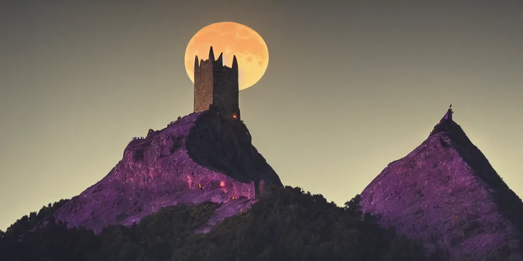 Image similar to a tall pointy castle atop a steep mountain, purple fog engulfs the ground below and a big yellow glowing crescent moon lingers above