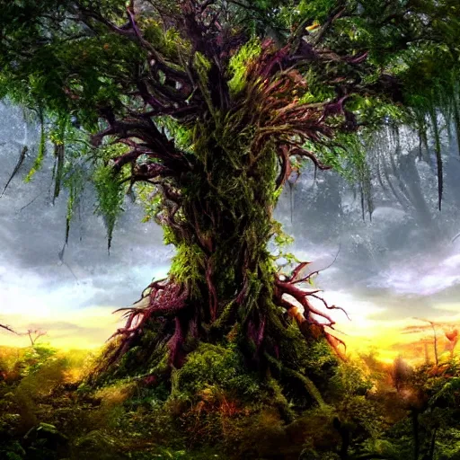 Prompt: horrific, spectacular tree in a densely overgrown jungle, fantasy, dreamlike sunraise, ultra realistic