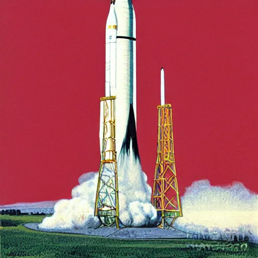 Prompt: color lithograph of a saturn 5 rocket by adolphe millot