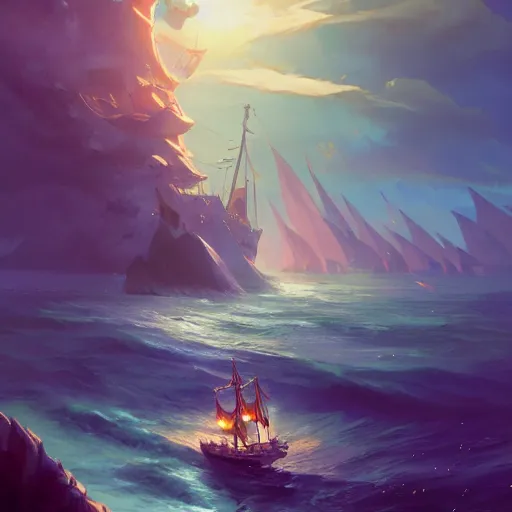 Image similar to ocean wherea large pirate ship is sailing, pirates flag, cgsociety, fantasy art, 2 d game art, concept art, heavenly lighting, retrowave, behance hd, concept art by jesper ejsing, by rhads, makoto shinkai cyril rolando, madgwick, cory loftis, anime studio and pixar animation studio and disney