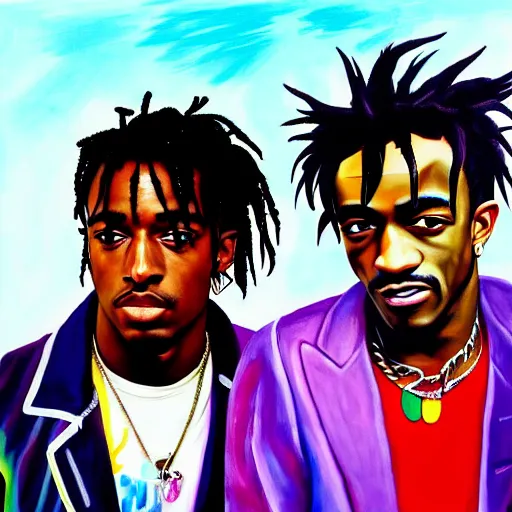 Image similar to a painting of playboi carti and lil uzi vert standing on a truck by damon albarn, cel shaded, dynamic perspective, detailed facial features, rounded eyes, low light