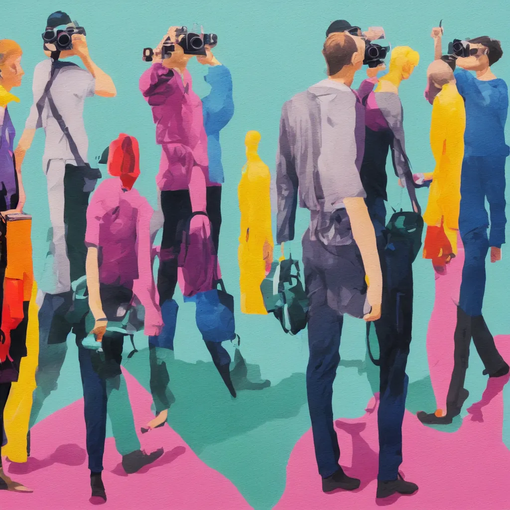 Image similar to full body portrait of a trio of european tourists with nikon cameras, rear views, character designs painting, in the style of wes anderson, rene magritte, lola dupre, david hockney, isolated on white background, dark monochrome neon spraypaint accents volumetric octane render