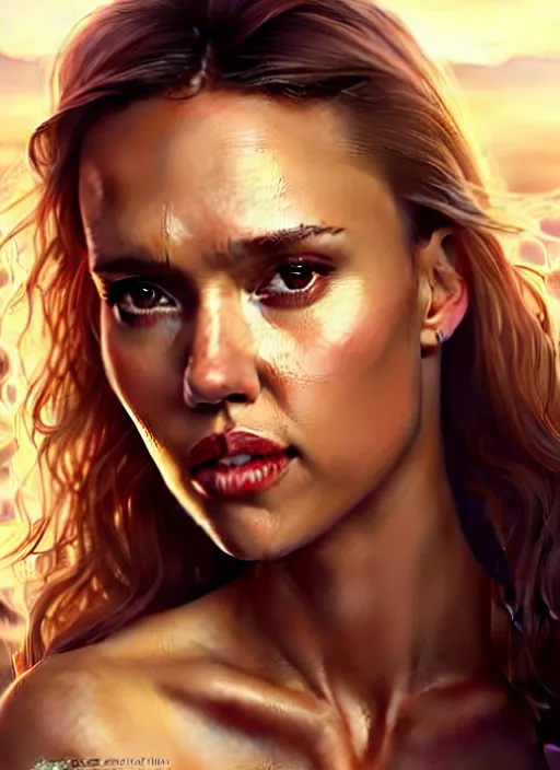 Image similar to half Jessica Alba half Nathalie Portman half scarlett johansonna pure seductive angel, full body portrait, slight smile, diffuse natural sun lights, autumn lights, highly detailed, digital painting, artstation, concept art, sharp focus, illustration, art by wlop and greg rutkowski and alphonse mucha and artgerm