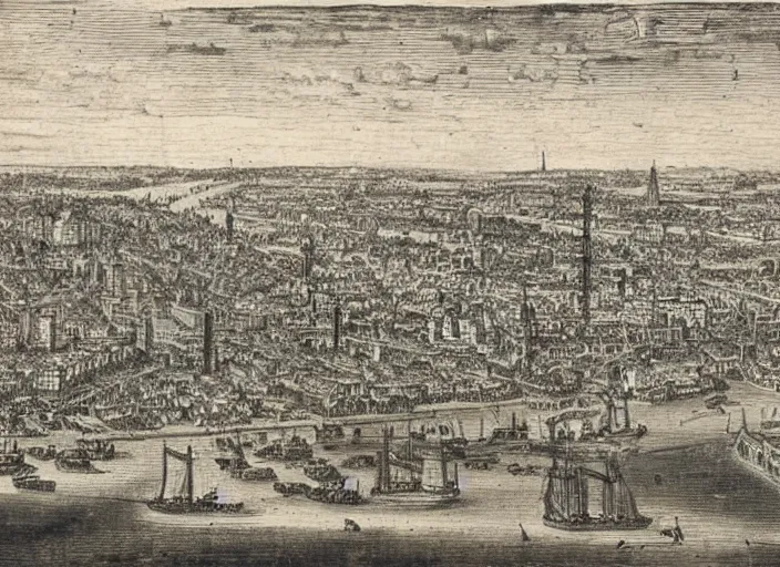 Prompt: detail from Hollar’s Panoramic view of London under attack, 1647