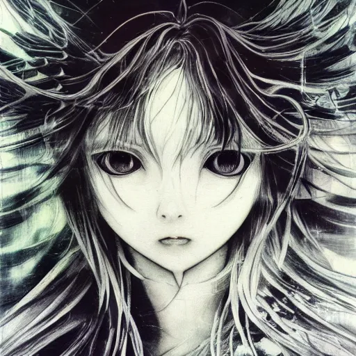 Image similar to yoshitaka amano blurred and dreamy illustration of an anime girl with black eyes, wavy white hair fluttering in the wind wearing elden ring armor with engraving, abstract black and white patterns on the background, noisy film grain effect, highly detailed, renaissance oil painting, weird portrait angle, blurred lost edges, three quarter view, hyper light drifter color palette