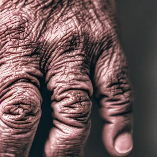 Image similar to closeup photograph of an old, wrinkled hand. Macro details. Shallow depth of field. Strong keylight.
