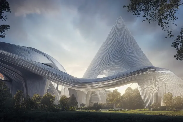 Prompt: extremely detailed cathedral designed by Zaha Hadid surrounded by a forest, stunning volumetric light, sunset, metal, concrete and translucent material, stunning skies, trending on Artstation, 8k, photorealistic, hyper detailed, unreal engine 5, IMAX quality, cinematic, epic lighting, in the style of Greg Rutkowski