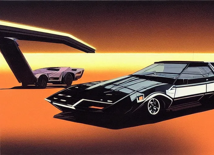 Image similar to syd mead concept art, raplh mcquarrie. kitt 1 9 8 2 pontiac trans am. style blade runner 2 0 4 9, retro, retro futurist. concept art by syd mead and star wars