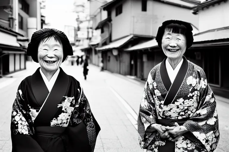 Image similar to still photo of a japanese old woman smiling at the camera wearing a kimono on a street, black and white color aesthetic, highly detailed, photorealistic portrait, bright studio setting, studio lighting, crisp quality and light reflections, unreal engine 5 quality render